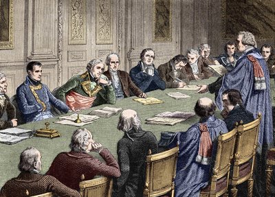Discussão do Código Civil no Conselho de Estado (1800-1804), sob a presidência do primeiro cônsul, Napoleão Bonaparte tem à sua esquerda Jean Jacques Regis de Cambaceres. Gravura do século XIX. de Unknown artist