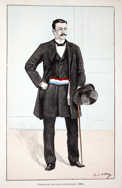 Comissário da Divisão de Polícia (1896). Gravura colorida, para ilustração do livro "Histoire du corps des gardiens de la paix" publicado sob os auspícios de Louis Lepine (1846-1933) prefet de police de la Seine, de Alfred Rey (1864-?) e Louis Fer de Unknown artist