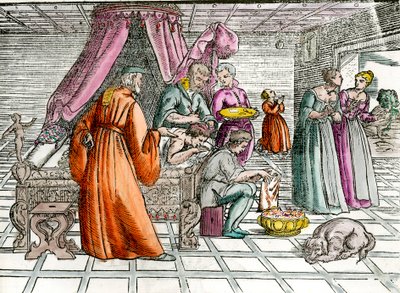 Doutor: "Uma trepanação" Um cirurgião opera o crânio do seu paciente. Gravura da Coleção Privada do século XVI de Unknown artist