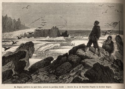 Dr. Hayes, chega ao mar livre do pólo Ártico, o propósito da sua expedição, planta a bandeira da estrela americana. Gravura para ilustrar a viagem ao mar livre do pólo Ártico, pelo Dr. Hayes, cirurgião da Marinha dos Estados Unidos, em 1860-1862, de Unknown artist