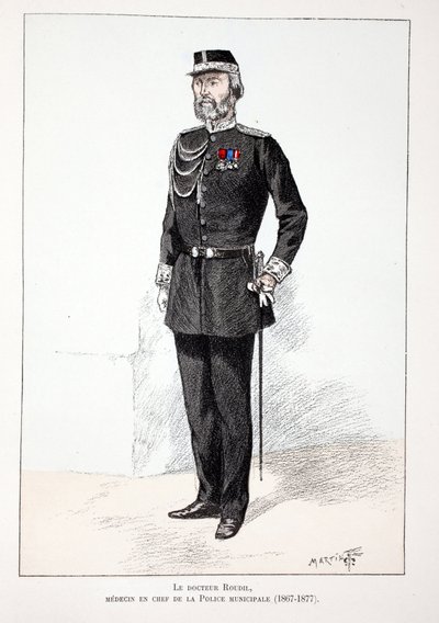Dr. Roudil, médico-chefe da polícia municipal (1867-1877). Gravura colorida, para ilustração do livro "Histoire du corps des gardiens de la paix" publicado sob os auspícios de Louis Lepine (1846-1933) prefet de police de la Seine, de A de Unknown artist