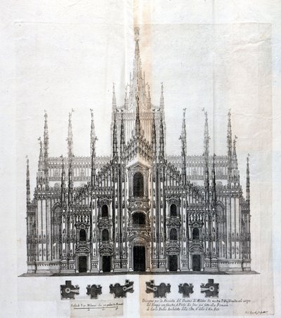 Desenho da fachada do Duomo de Milão mostrando a sua uniformidade com o corpo do edifício. Muitos projetos arquitetônicos foram projetados por volta do século XVII para completar a fachada que havia ficado inacabada. de Unknown artist