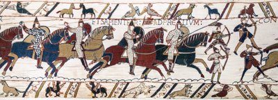 O Duque William encoraja as suas tropas a prepararem-se para a batalha contra o exército inglês, Bayeux Tapestry (bordado de lã em linho) de Unknown artist