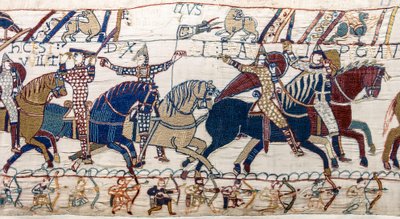 O Duque Guilherme mostra o rosto ao seu exército, Bayeux Tapestry (bordado de lã em linho) de Unknown artist