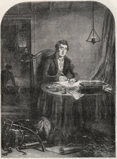 Duque de Wellington (Arthur Wellesley (1769-1852) Duque de Wellington) despacho de escrita após Waterloo, junho 19 1815 - gravura 1852 de Unknown artist