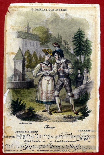 Duo entre Giuditta Pasta e Gian Battista Rubini na ópera "La somnambule" ("La Sonnambula") de Vincenzo Bellini. Teatro Carcano de Milão. 1831. de Unknown artist
