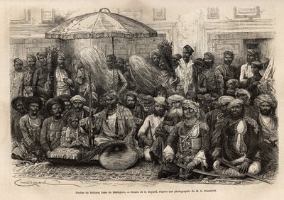 Durbar (conselho feodal e legal de um estado principesco) de Maharaja Rana, do reino de Dholepore (Rajasthan). Engravure pour illustrrer l
