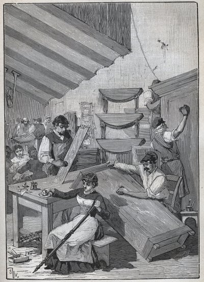 Ebenisterie: oficina de envernizamento de selos. Gravura de 1885 em "Les arts et metiers illustres" de Adolphe BITARD. de Unknown artist