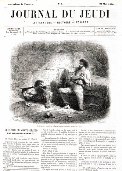 Edmond Dantes, o Conde de Monte Cristo (Monte Cristo) encontra Abbe Faria graças ao túnel oco da prisão - no "Le Journal du Thursdays" de 31/05/1860 de Unknown artist