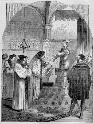 Eduardo VI (1547 -1553), Rei de Inglaterra, apresentando o certificado de Joan Bocher para Arcebispo Cranmer de Unknown artist