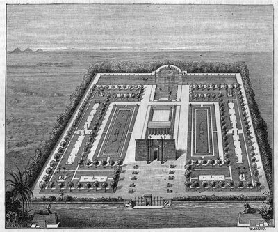 Jardim egípcio no tempo dos faraós. Gravura em "La Nature: Revue des sciences et de leurs applications aux arts et a l