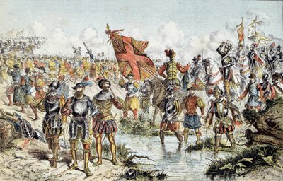 Oitava Guerra das Religiões (1585-1598): a batalha de Ivry em 14/03/1590 entre o exército real de Henrique IV (que prevalecerá) e a Liga Católica. Ilustração do século XIX. Paris, Musee de l