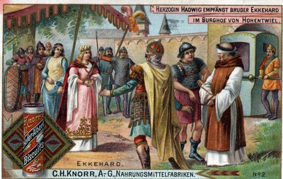 Ekkehard IV de St. Gallen (St. Gallen) ou Eckhard, Eckhart (980 -1057) erudit, e poeta latino. Duquesa Hadwig recebe o Irmão Ekkehard no pátio do castelo de Hohentwiel. Verso: "Irmão Ekkehard, que a Duquesa encomendou ao seu castelo como de Unknown artist