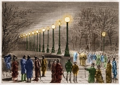 Iluminação elétrica: lâmpadas de piso do cais de Victoria, em Londres, Grã-Bretanha. Gravação em "La Nature". de Unknown artist