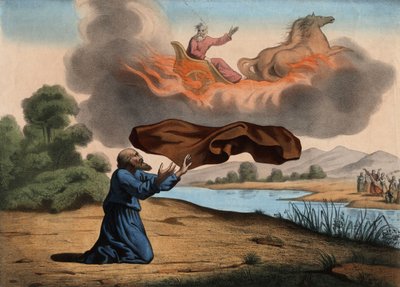 Elias levantado ao céu deixa o seu casaco a Eliseu como sinal de sucessão. Os dois profetas foram para Jericó quando Elias foi levado por uma carruagem de fogo disparada por cavalos de fogo, enviados por Deus, para um céu de tempestade. Gravura anónima a p de Unknown artist