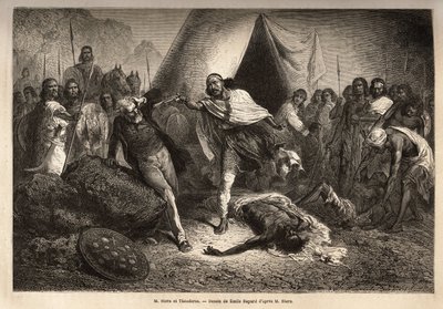 Imperador (ou negus) Theodoros II (Tewodros) (nascido por volta de 1818-1868, chamado Kassa Hailu antes da sua coroação no Império Etíope), ameaçou com a sua arma o Sr. Stern, um missionário inglês que redia uma biografia de negus, pela qual Theodoros sent de Unknown artist