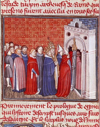 Imperador Carlos Magno (742-814) coroas entram numa igreja seguida de miniaturas de "Les grandes Chronicles de France" Chantilly do século XV, Musee Conde de Unknown artist