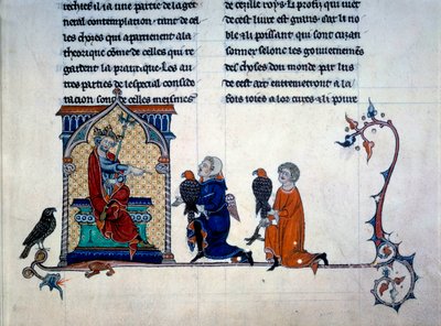 Imperador Frederic II (1194-1250) recebendo falcões em miniatura de "De arte venandi Cum avibus" de Unknown artist