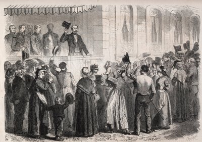 Imperador Napoleão III (1808-1873) no terraço da villa de Strauss a Vichy, saudado pelo povo do campo no domingo 7 de Julho de 1861 - Gravura no "Mundo Ilustrado de Unknown artist