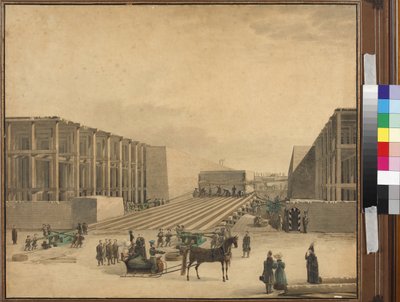 Imperador Nicholas I visitando o canteiro de obras da Coluna Alexandre - Anónimo. Aguarela sobre papel, depois de 1836. Museu Estadual de História de São Petersburgo de Unknown artist