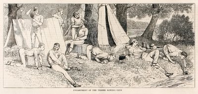 Acampamento do Thames Rowing Club. Esboços de um lançamento a vapor na Henley Regatta publicado em julho de 1878 de Unknown