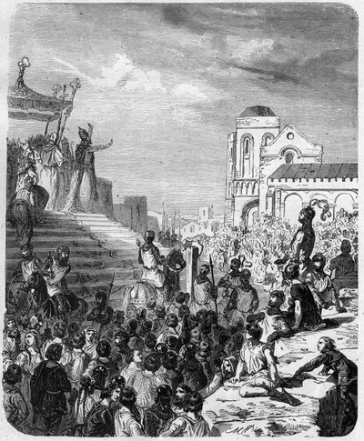 O fim do Império Carolíngio: Depósito de Carlos III 3 o Gros (839-888) Imperador do Oeste (881 - 888) e Regente da França (884 - 887) em 887. Gravura em "Histoire De France En Cent Pinturas de Paul Lehugeur "1891 de Unknown artist