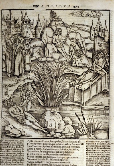 Eneide de Virgil (70 a.C.-19 a.C.), Livro XII, o herói troiano Enee é milagrosamente tratado por Vênus, ele então decidiu invadir a cidade de Latinus. O rei do Lácio morre (à direita) e é Eneïe que se tornará o rei a martirizar a filha do falecido Lavini. de Unknown artist