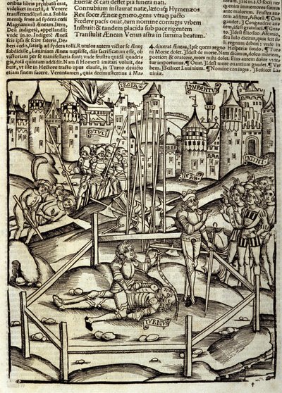 Eneide de Virgil (70 AC-19 AC), Livro XII, o herói troiano Enee mata em uma batalha de Turnos sob os olhos dos latinos e Rutules. Xilografia de Sebastian Brant (1458-1521). Estrasburgo de Unknown artist