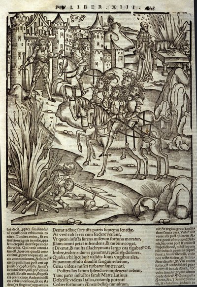 Eneide de Virgil (70 AC-19 AC), livro XIII (suplemento), os heróis de Tróia Enee recebem os latinos, os sacrifícios são feitos em honra das vítimas da guerra. Xilografia de Sebastian Brant (1458-1521). Estrasburgo de Unknown artist