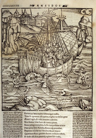 Eneide de Virgil (70 a.C.-19 a.C.), o herói troiano Enee e seus companheiros atravessam um mar cheio de sirenes. Xilografia de Sebastian Brant (1458-1521). Estrasburgo de Unknown artist