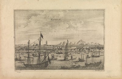Gravura intitulada "Kanton 1655", que é a impressão do artista sobre Cantão a partir de um barco em 1655 de Unknown artist
