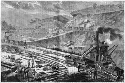 Gravura de 1885, mostrando o trabalho de perfuração do Istmo do Panamá. Vista de um dos ataques no estaleiro do Emperador. de Unknown artist