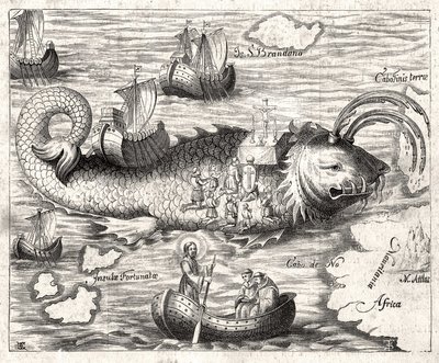 Episódio da Lenda de Saint Brandan (Brendan): uma fantástica viagem da abadia irlandesa do século VI em busca do Paraíso terrestre. Impressão de 1621. de Unknown artist