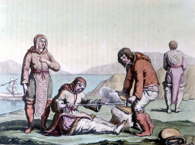 Os esquimós acendem uma fogueira esfregando pedaços de madeira. de Unknown artist