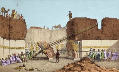 Escavações de Nineveh (Nineveh) - As ruínas de Nimrud (Nimroud) por Henri Layard (após sua viagem à Mesopotâmia no século XIX); substituição da ala do grande touro - O carregamento de um touro alado de Nimrud, durante as escavações de Sir Austen Henry de Unknown artist