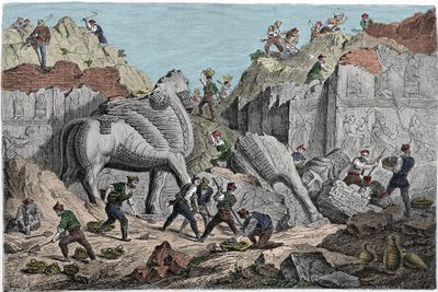 Escavações realizadas por Paul-Emile (Paul Emile) Botta, Cônsul da França em Nineveh, no local de Khorsabad (Khunsabad), antiga capital assíria ao norte de Mosul. Iraque. Gravura do século XIX. de Unknown artist