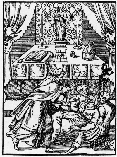 Exorcismo: um demônio deixa o corpo de um bruxo possuído enquanto um padre lhe oferece a comunhão - Gravação de "Histórias Prodigiosas" de Pierre Boaistuau de Unknown artist