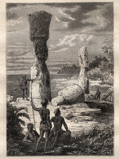 Expedição pelo mundo (1785-1788) por Jean Francois Galaup de La Perouse (1741-1788): Indígenas da Ilha de Páscoa olhando para estátuas monumentais (Moai) - ilustração tirada de "Os Grandes Marinheiros do século XVIII". de Unknown artist