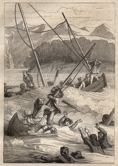 Expedição pelo mundo (1785-1788) por Jean Francois Galaup de La Perouse (1741-1788): naufrágio dos barcos no porto dos franceses (Alasca) - ilustração tirada de "Os Grandes Marinheiros do século XVIII". de Unknown artist