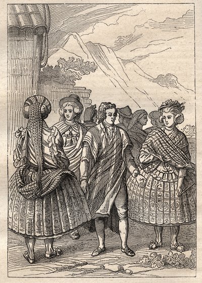 Expedição pelo mundo (1785-1788) por Jean Francois Galaup de La Perouse (1741-1788): trajes dos habitantes da Concepción (Chile) - ilustração tirada de "Os Grandes Marinheiros do século XVIII". de Unknown artist