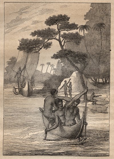 Expedição de Nicolas Thomas Marion-Dufresne (Marion Dufresne) (1729-1772): canoas das ilhas do Admiraut (Arquipélago de Bismarck, Papua Nova Guiné) - ilustração tirada de "Os Grandes Marinheiros do século XVIII". de Unknown artist