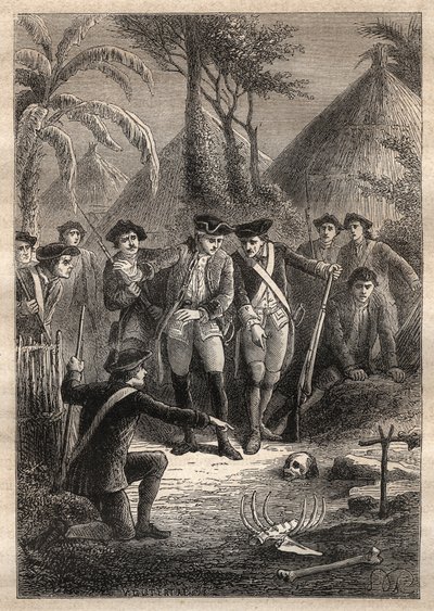 Expedição de Nicolas Thomas Marion-Dufresne (Marion Dufresne) (1729-1772): em busca de Marion e seus companheiros desaparecidos, marinheiros descobrem um crânio e restos humanos na aldeia de Tacouri (Ilha Matuaro, Nova Zelândia) - ilustração tirada de "The de Unknown artist