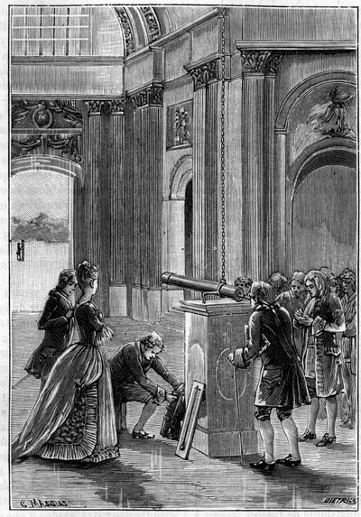 Experiência de Pierre Bouguer (1698-1758) no Dome des Invalides (Paris) para demonstrar a expansão dos corpos pelo calor (1745). Gravura em "La Nature: Revue des sciences et de leurs applications aux arts et a l