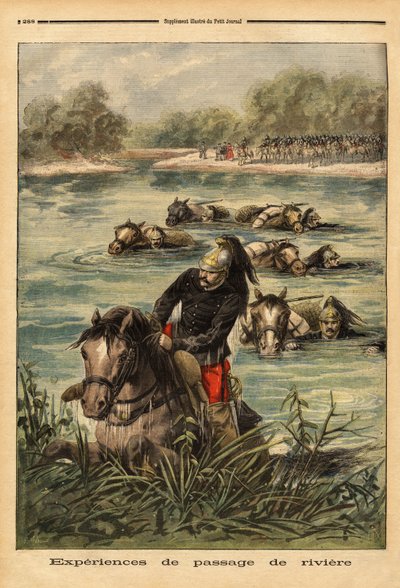 Experiência de passagem de rio pelo 7º regimento de dragões em Fontainebleau. Gravura no "Le petit journal" 6/09/1896. Coleção da Selva. de Unknown artist