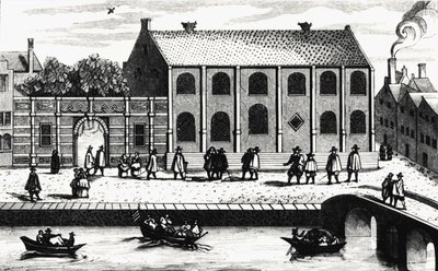 Vista exterior do edifício da Universidade de Leiden, fundada em 1575 por Guillaume de Nassau. Gravura após "Illustrium Hollandiae, etc, Ordinum, Alma academia Leydensis". de Unknown artist