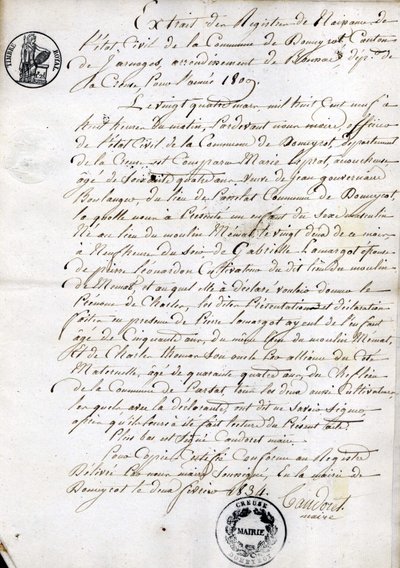 Extrato do registro de nascimento do Estado Civil do município de Dommyrot, cópia autenticada de 2 de fevereiro de Unknown artist