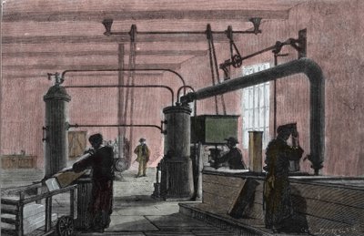 Fábrica para o fabrico de gelo com o sistema de Ferdinand Carre (1824-1894). Gravura do século XIX. de Unknown artist