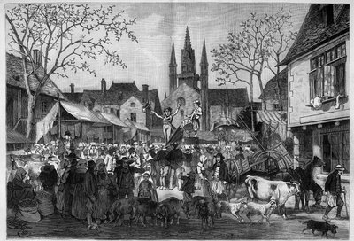 Feira na Bretanha, na praça de uma aldeia. Gravura no "Le Monde Illustré". de Unknown artist