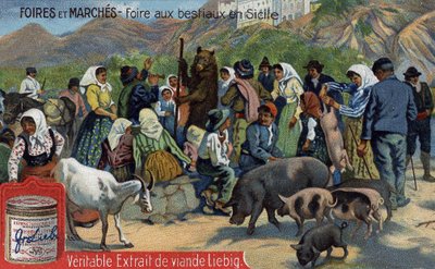 Feiras e mercados: feira de gado na Sicília. Cromolitografia, imagem de Liebig. de Unknown artist