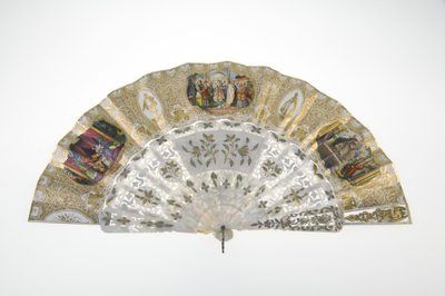 Fã, c.1860, Papel impresso e pintado, mãe de pérolas, ouro, prata e metais de cobre, e espelho, Criador desconhecido de Unknown artist